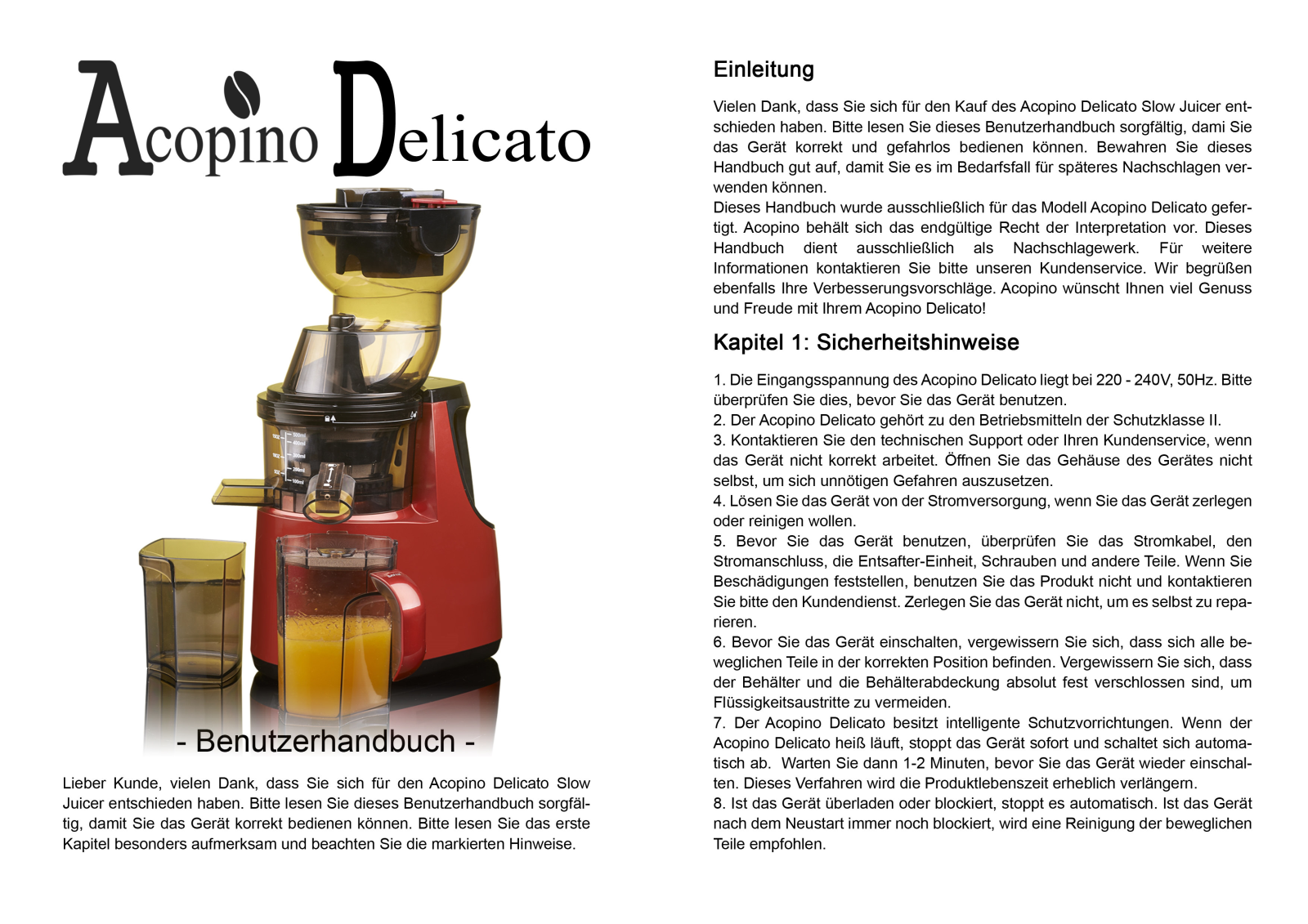 Acopino Delicato operation manual