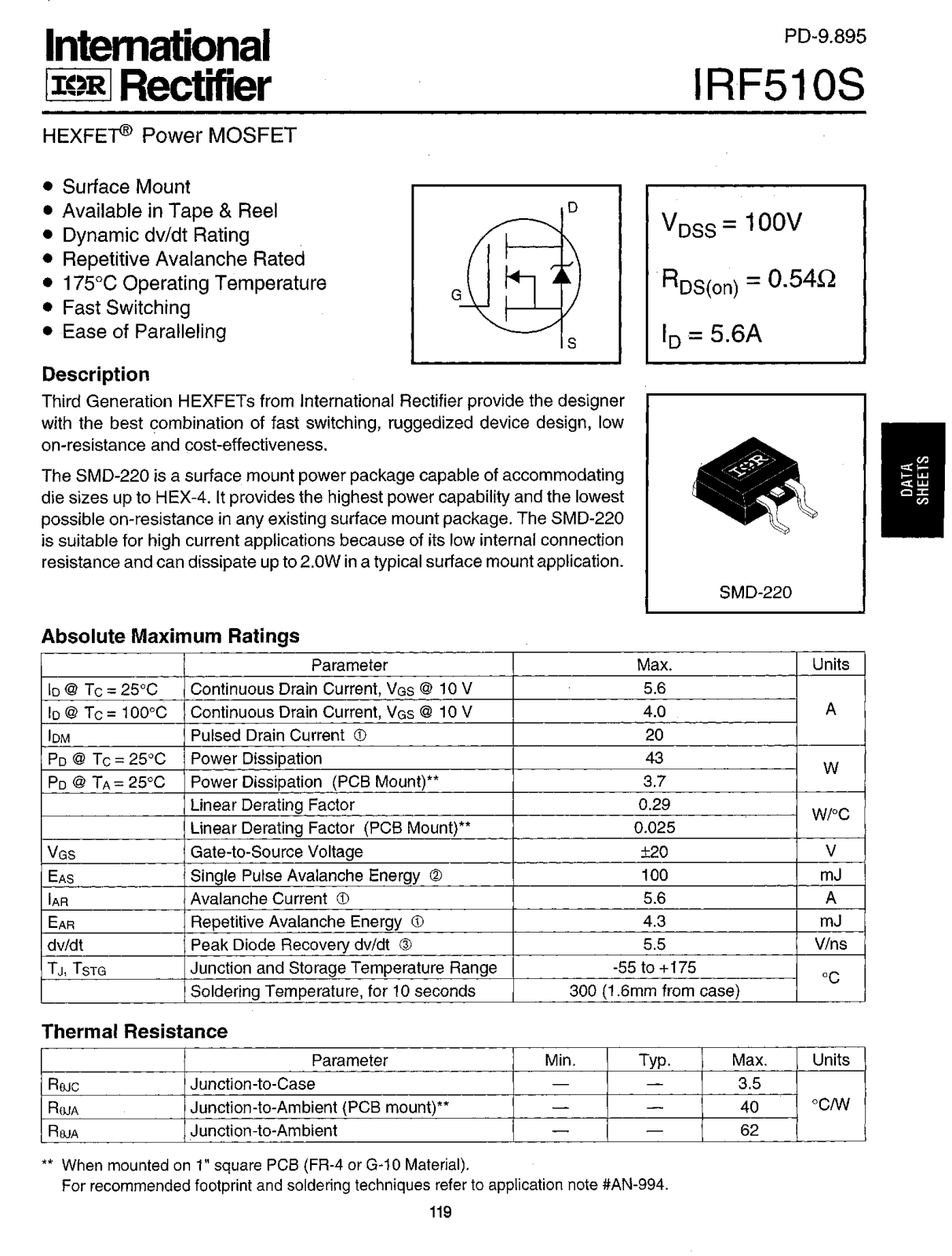 International Rectifier IRF510S Datasheet