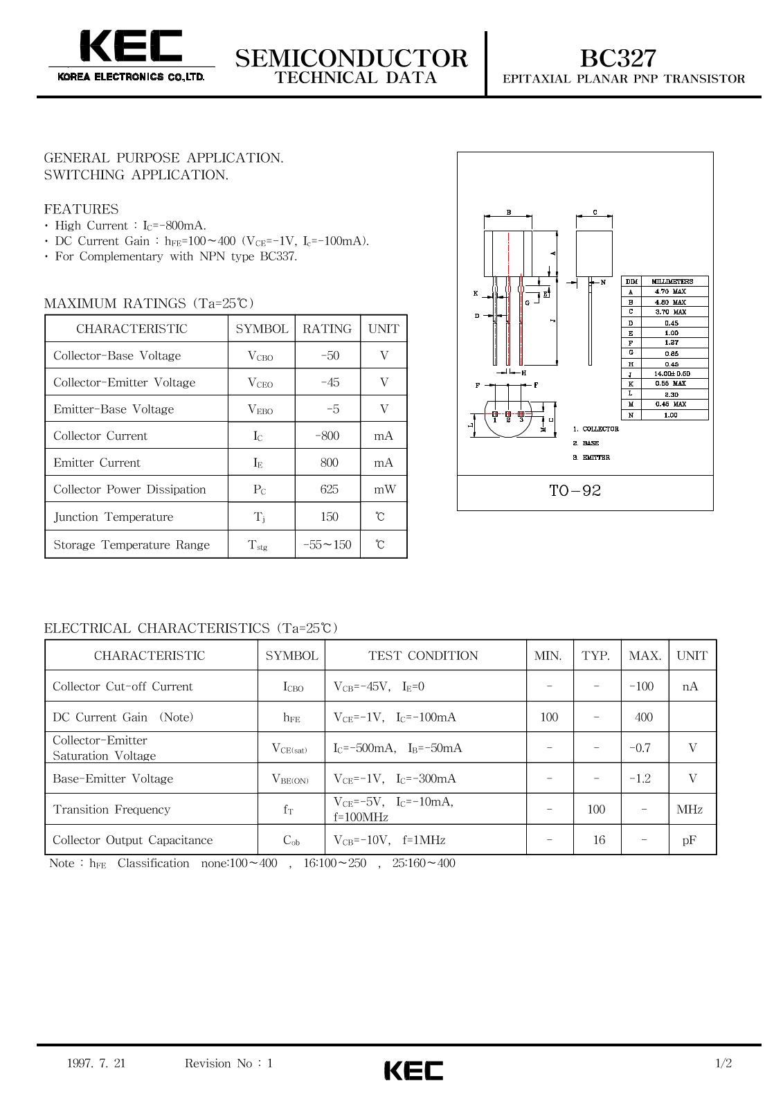 Korea Electronics Co  Ltd BC327 Datasheet