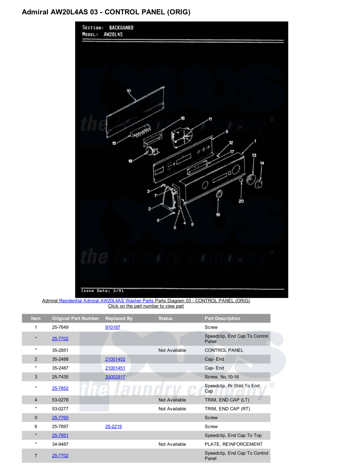 Admiral AW20L4AS Parts Diagram