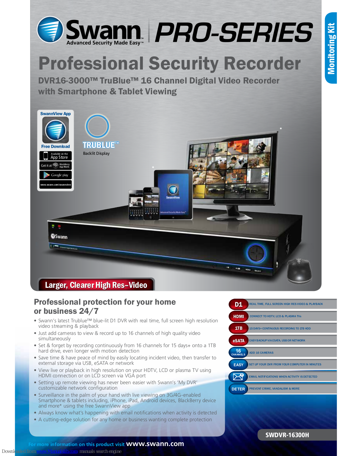 Swann DVR16-3000 TruBlue, Pro DVR16-3000 Brochure & Specs