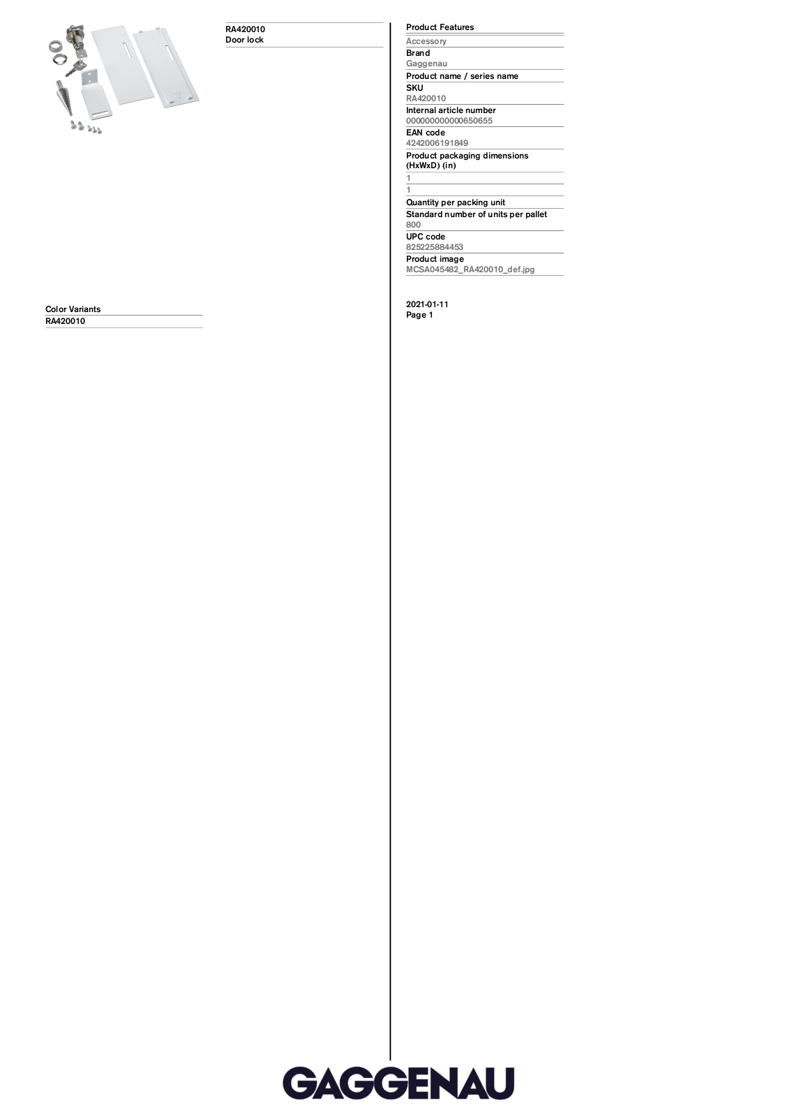 Gaggenau RA420010 Specification Sheet