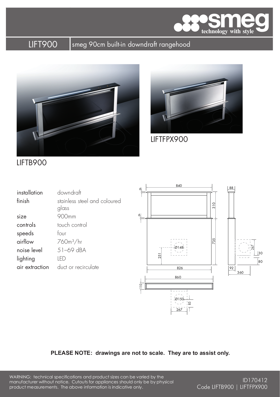 Smeg LIFTB900, LIFTFPX900 Specifications Sheet