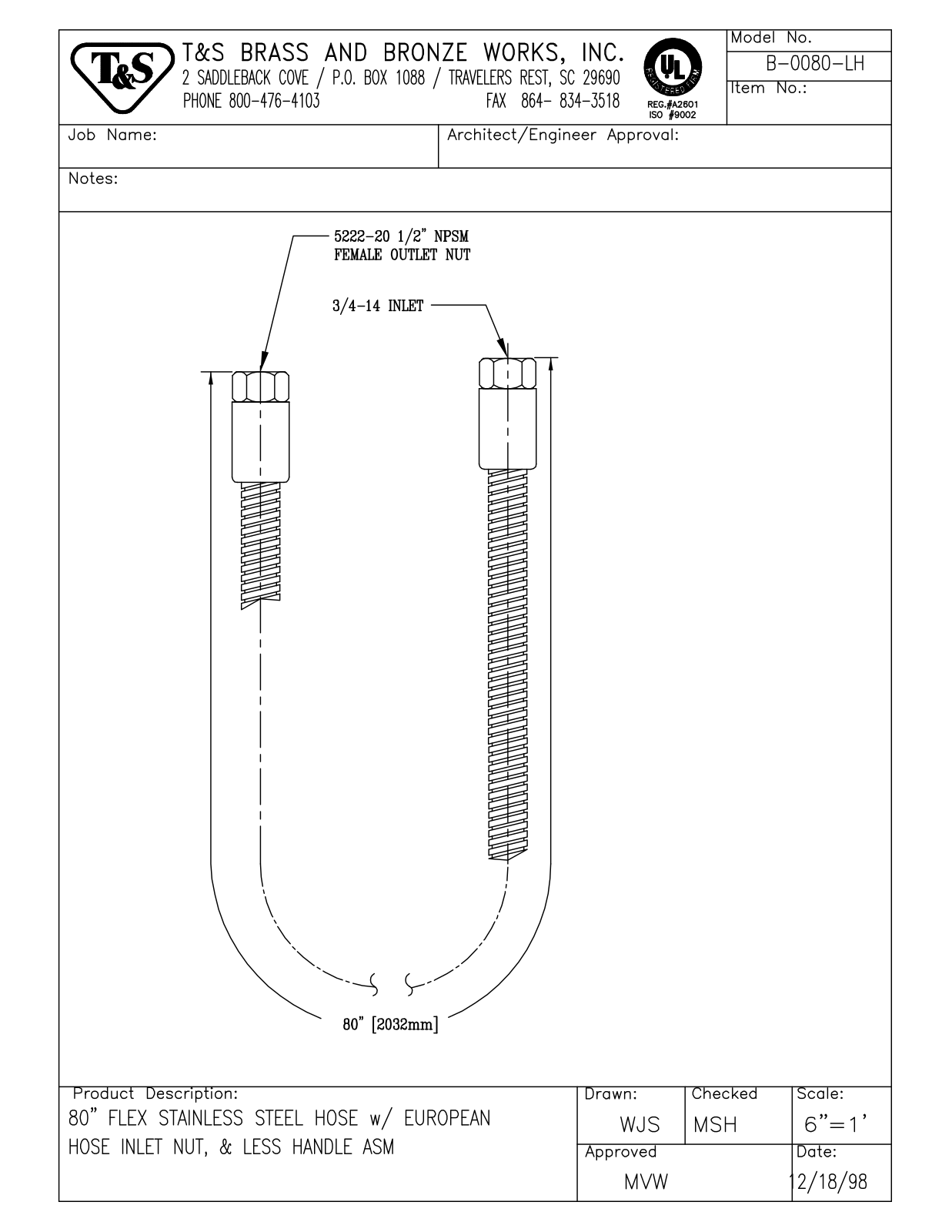 T&S Brass B-0080-LH User Manual