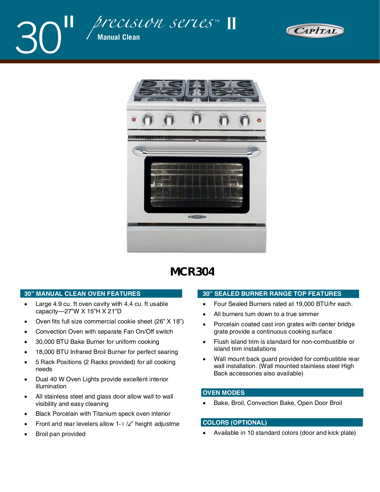 Capital MCR304L, MCR305N, MCR304N, MCR305L PRODUCT SPECIFICATIONS