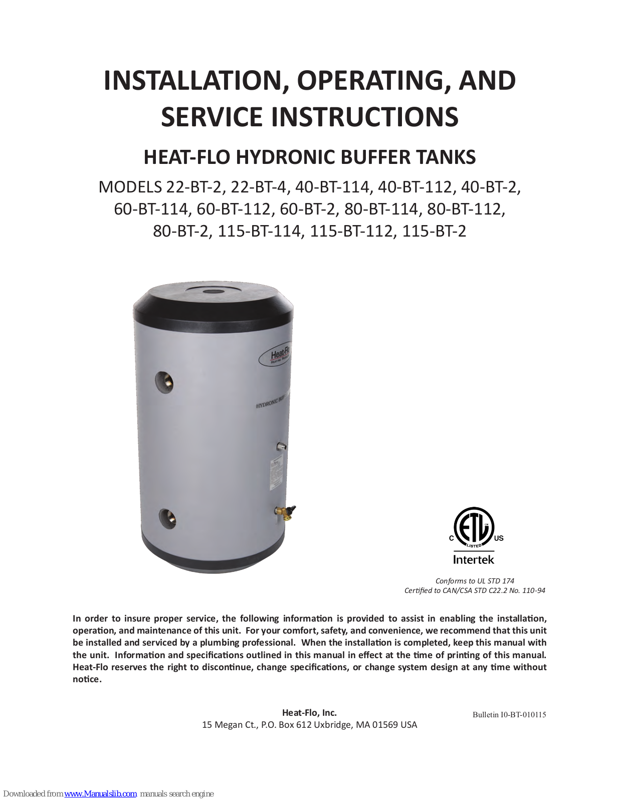Heat-Flo 22-BT-2, 22-BT-4, 40-BT-114, 40-BT-112, 40-BT-2 Installation, Operating And Service Instructions - ManualMachine.com