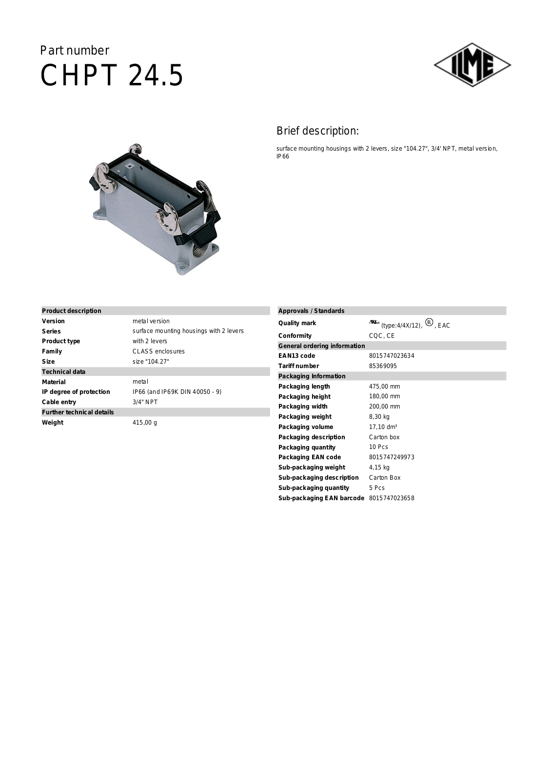 Datasheet CHPT-24.5 Datasheet (ILME) - ManualMachine.com