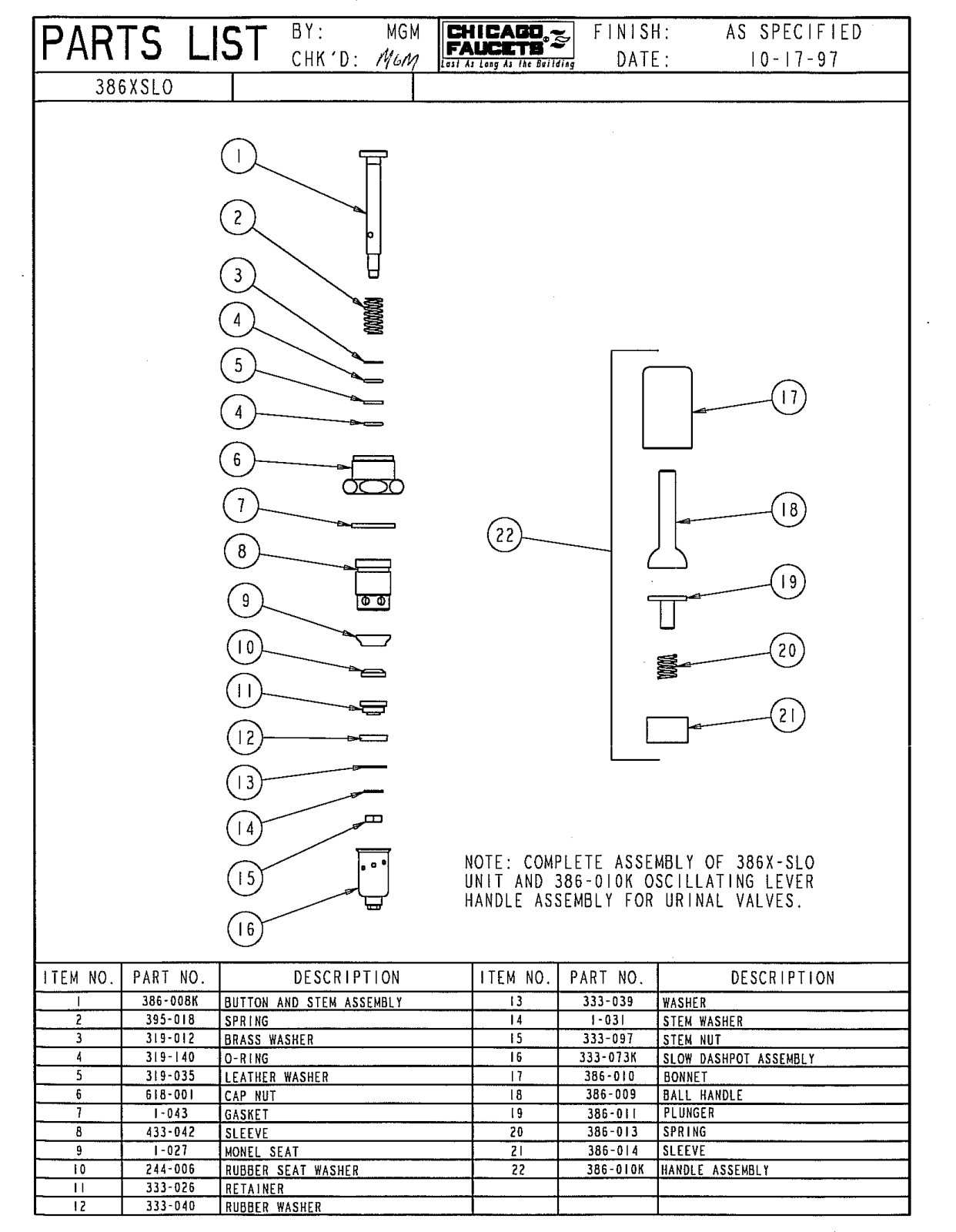 Chicago Faucet 386-XSLOJKNF Parts List