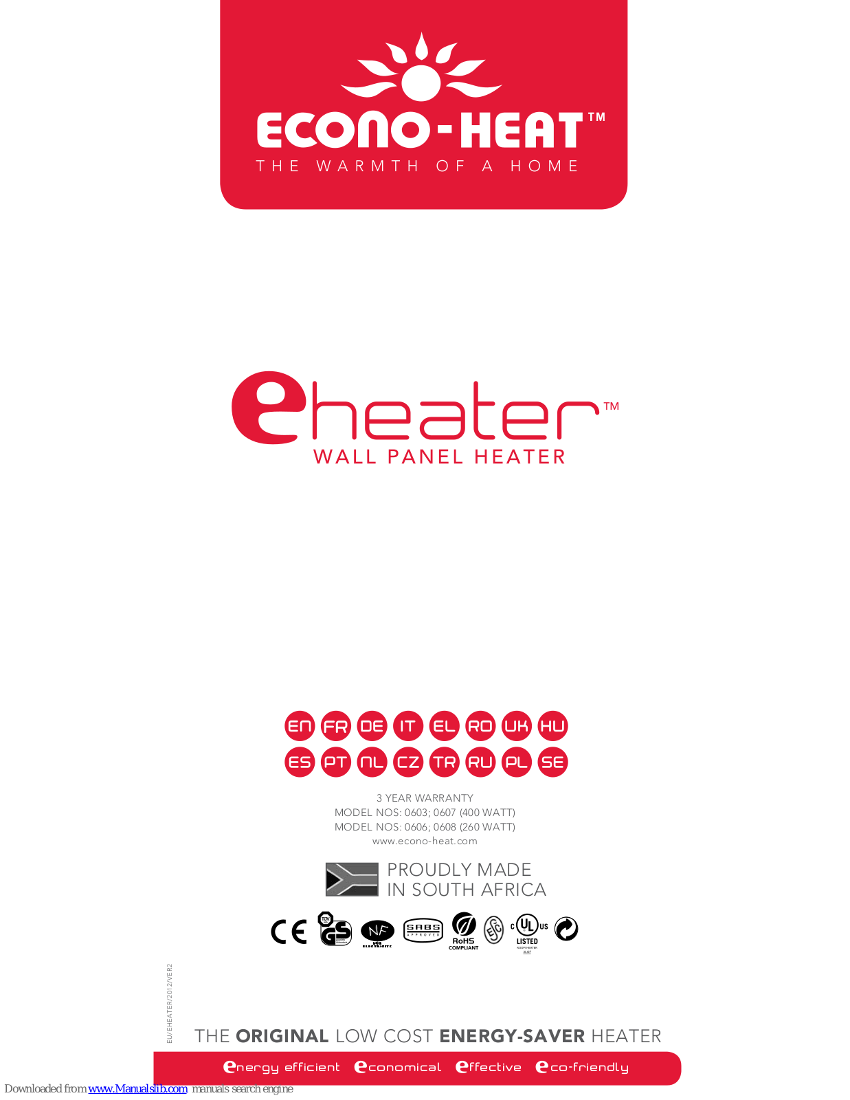 Eheater ECONO-HEAT NOS 0603, ECONO-HEAT NOS 0607, ECONO-HEAT NOS 0608, ECONO-HEAT NOS 0606 User Manual