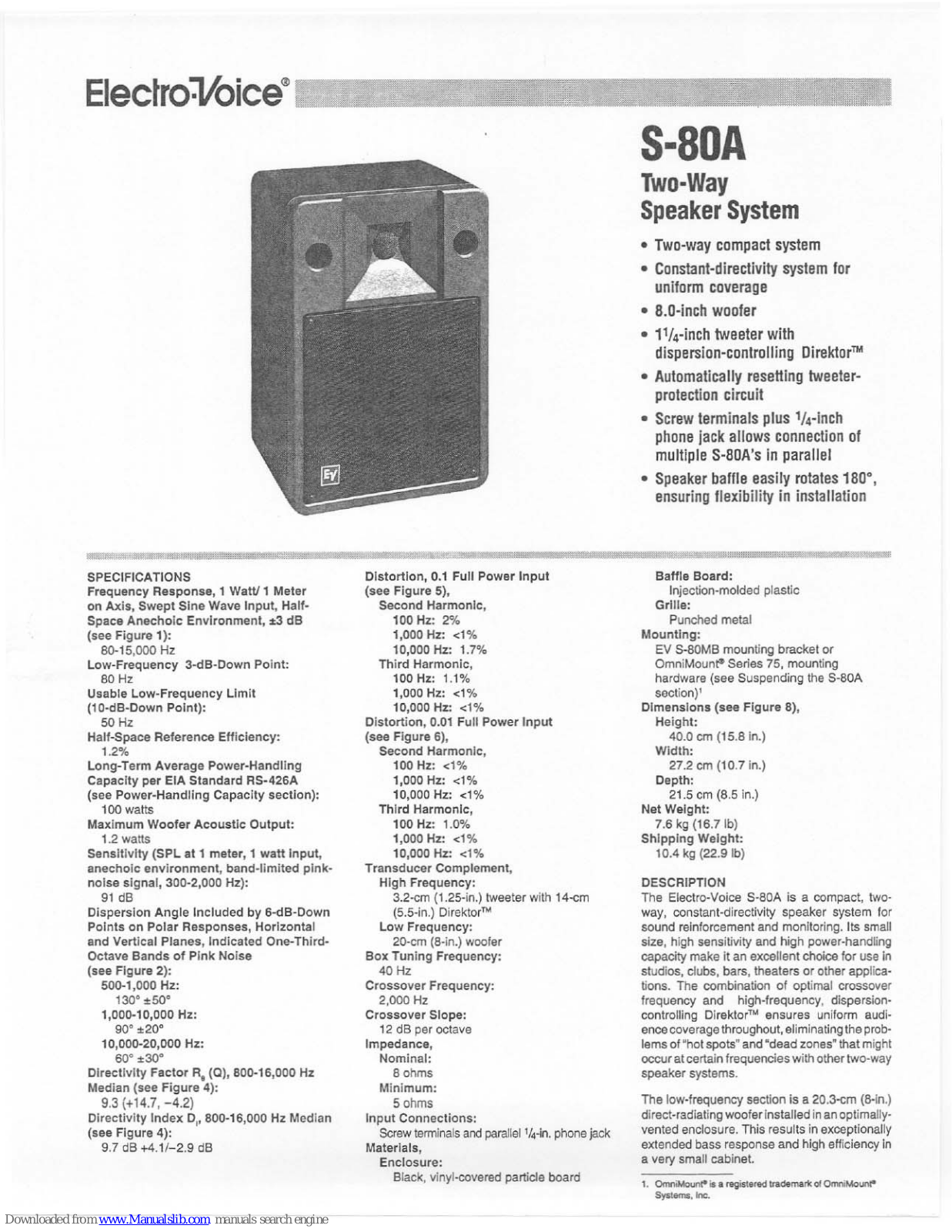 Electro-Voice Two-way Speaker System S-80A Specification Sheet