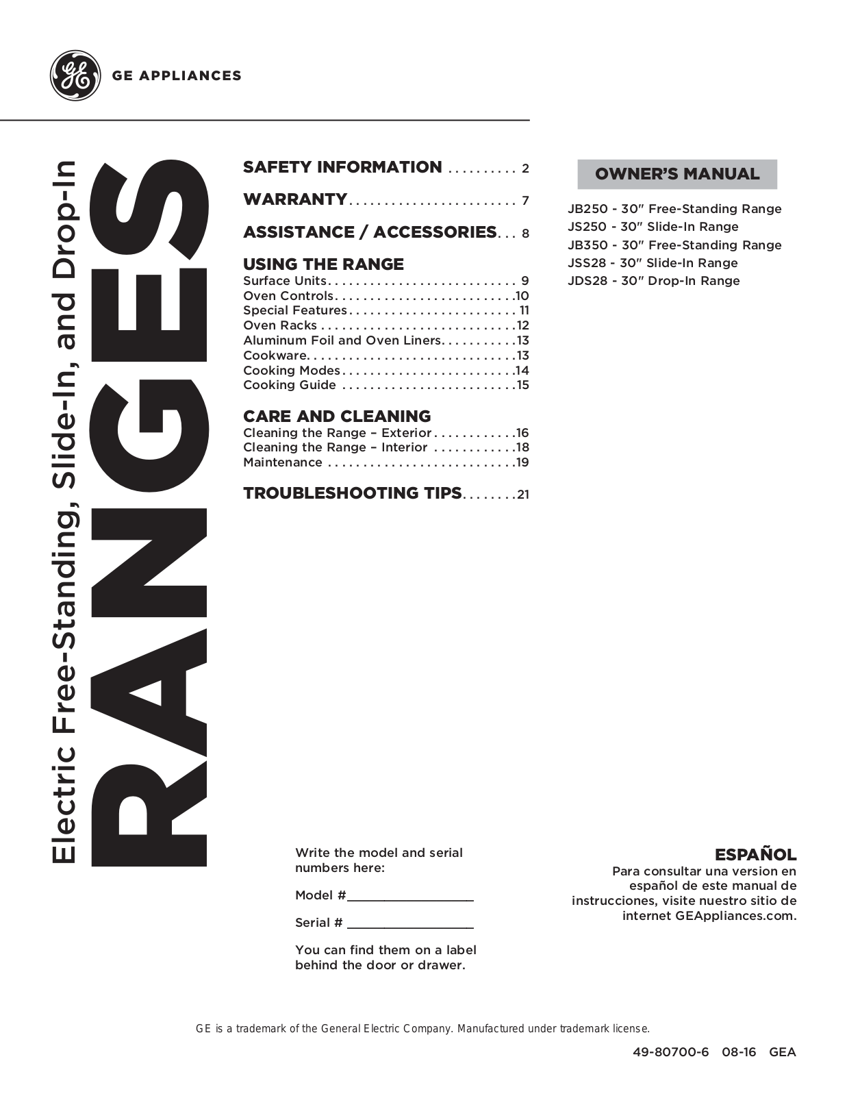 GE JSS28DF1WW, JSS28DF1BB, JS250RF3SS, JS250RF2SS, JS250DF3WW Owner’s Manual