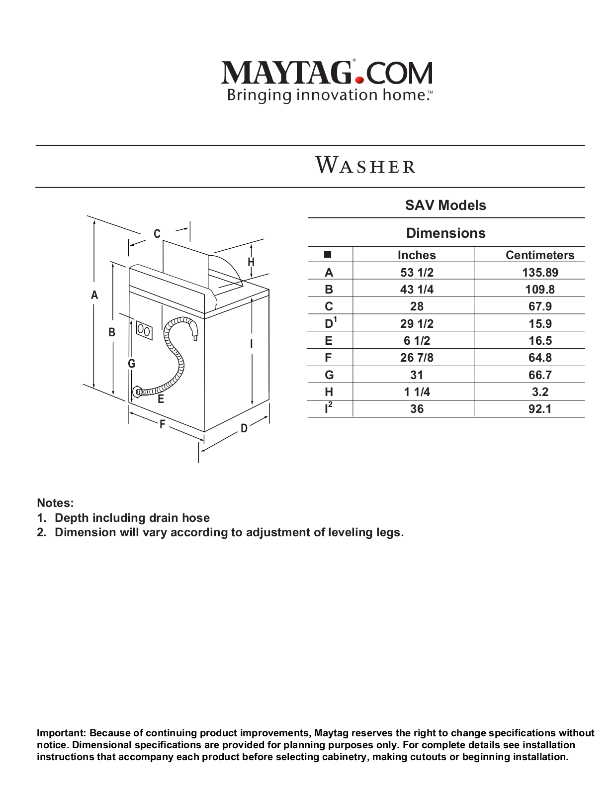 Maytag SAV515DEWW Dimension Guide