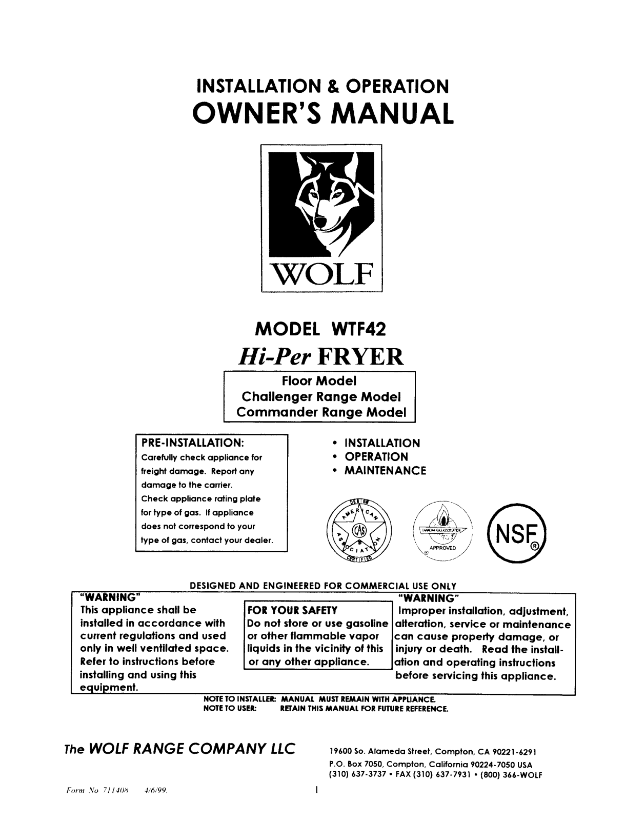 Wolf CWTF42 Installation  Manual