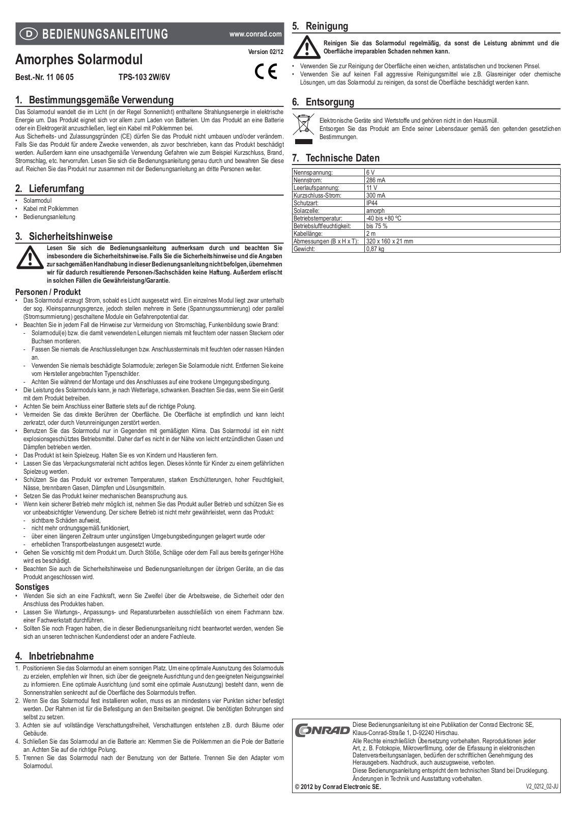 Conrad TPS-103 2W/6V, TPS-103 4W/12V, TPS-103 3W/6V, TPS-103 6W/12V Operating Instructions Manual