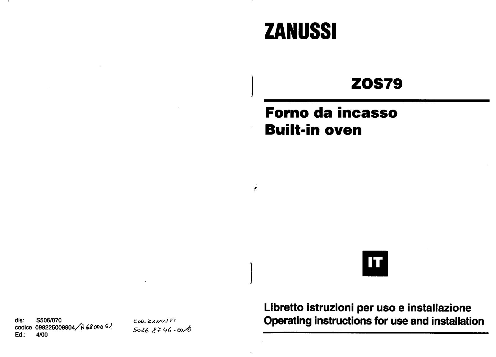 Zanussi ZOS79 USER MANUAL