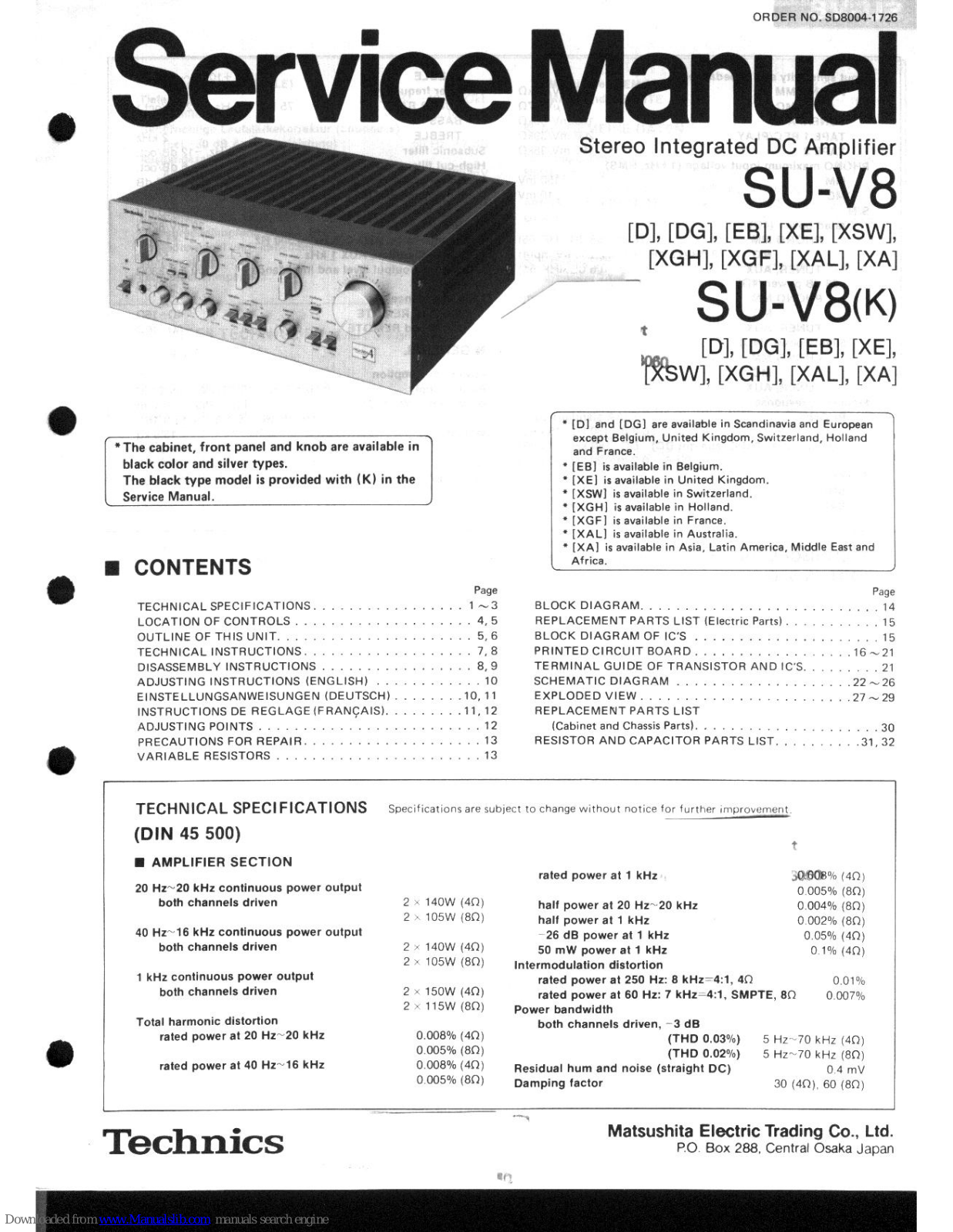 Technics SU-V8DG, SU-V8XSW, SU-V8EB, SU-V8XE, SU-V8XGH Service Manual