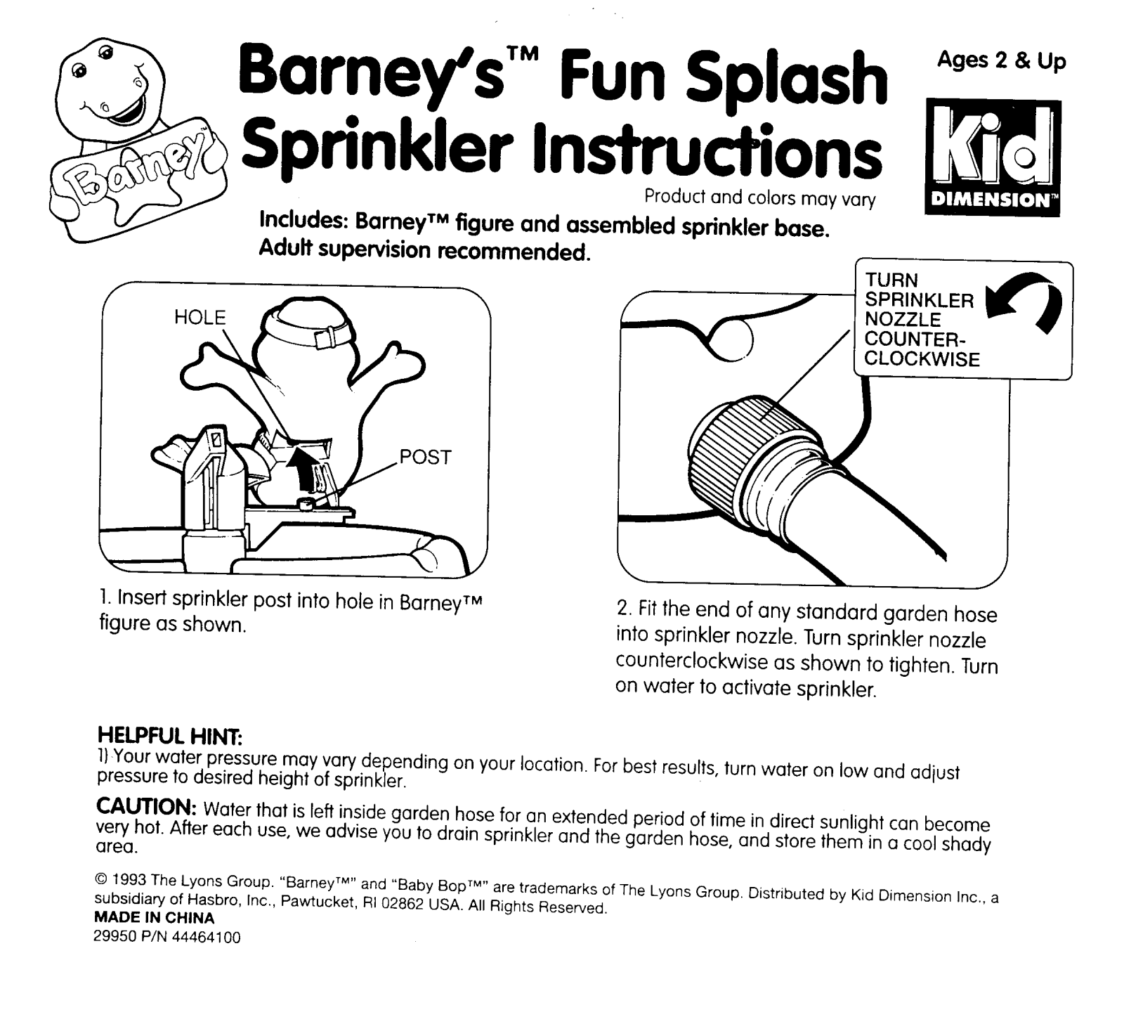 HASBRO Barney's Fun Splash Sprinkler User Manual