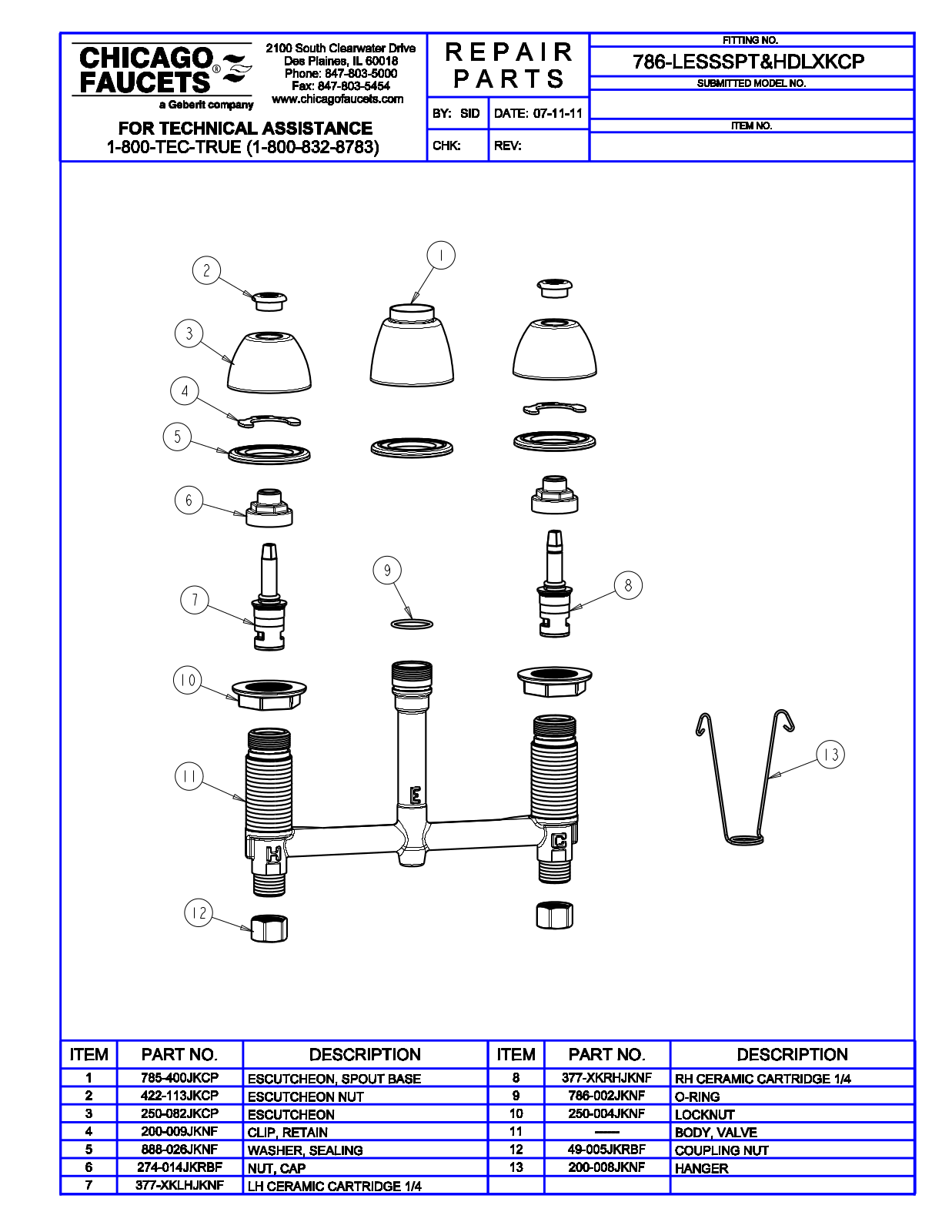 Chicago Faucet 786-HDLXKCP Parts List