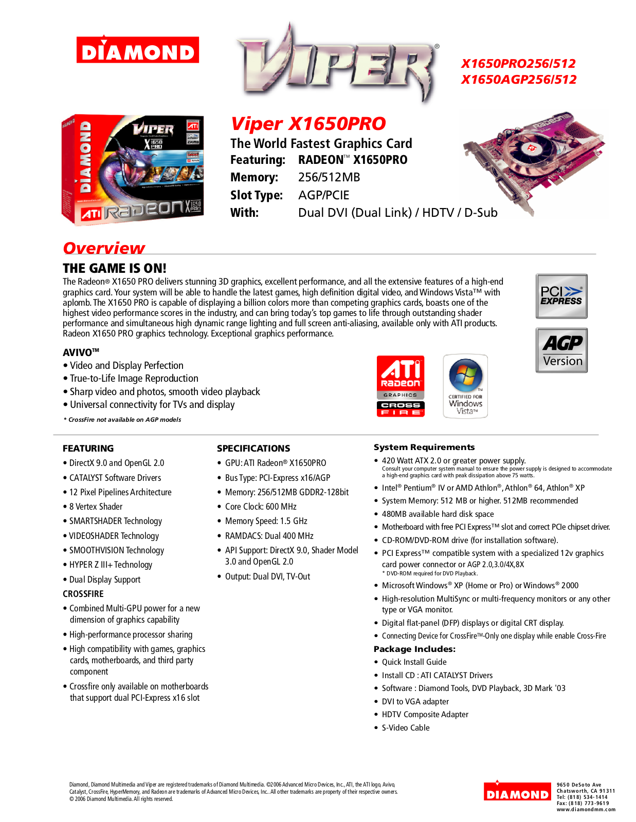 Diamond Multimedia X1650PRO256, X1650AGP256, X1650PRO512, X1650AGP512 User Manual