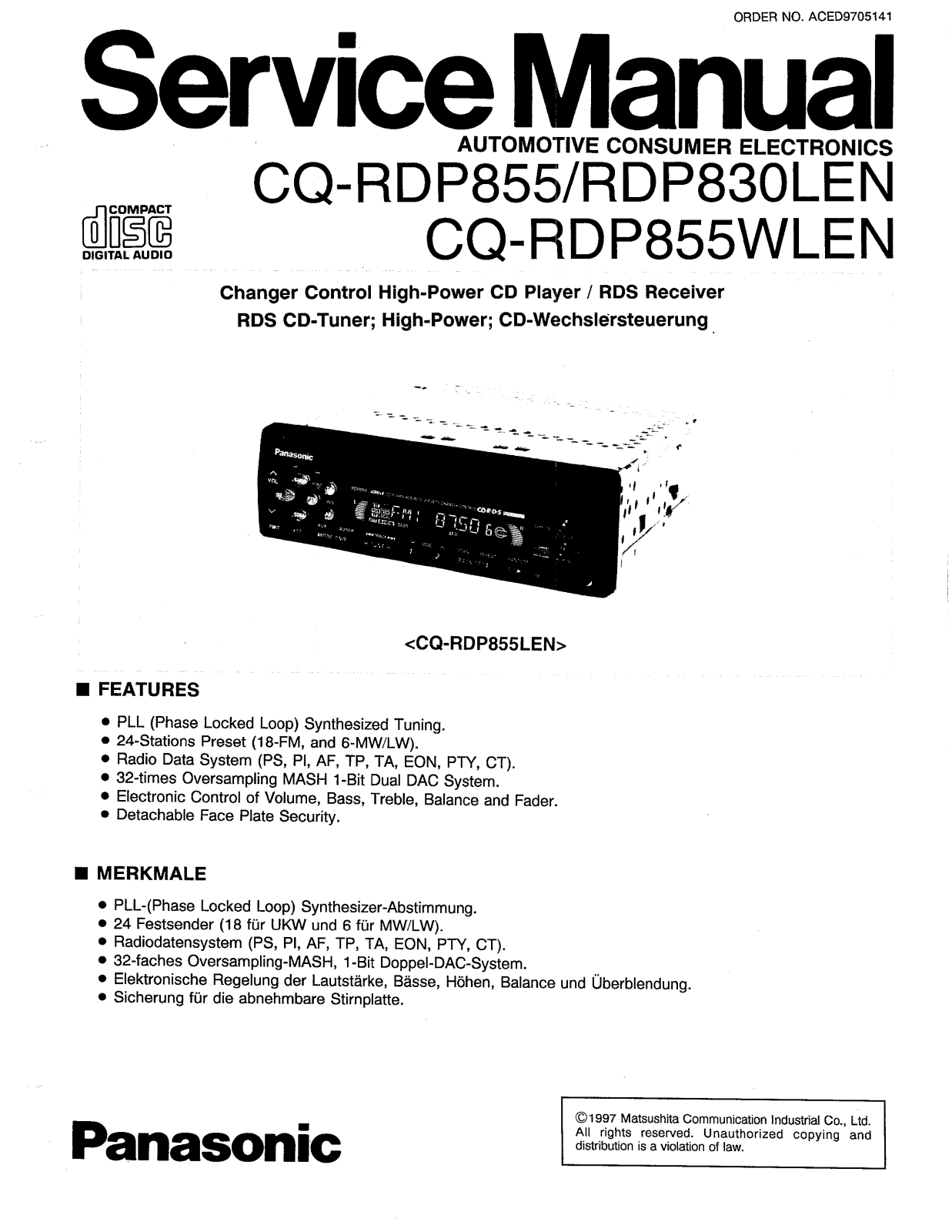 Panasonic CQRDP-830-LEN, CQRDP-855, CQRDP-855-WLEN Service manual