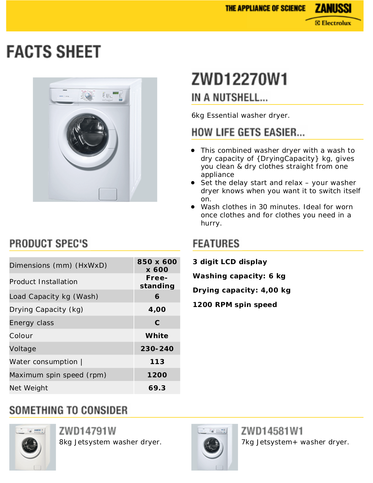 Zanussi ZWD12270W1 facts sheet