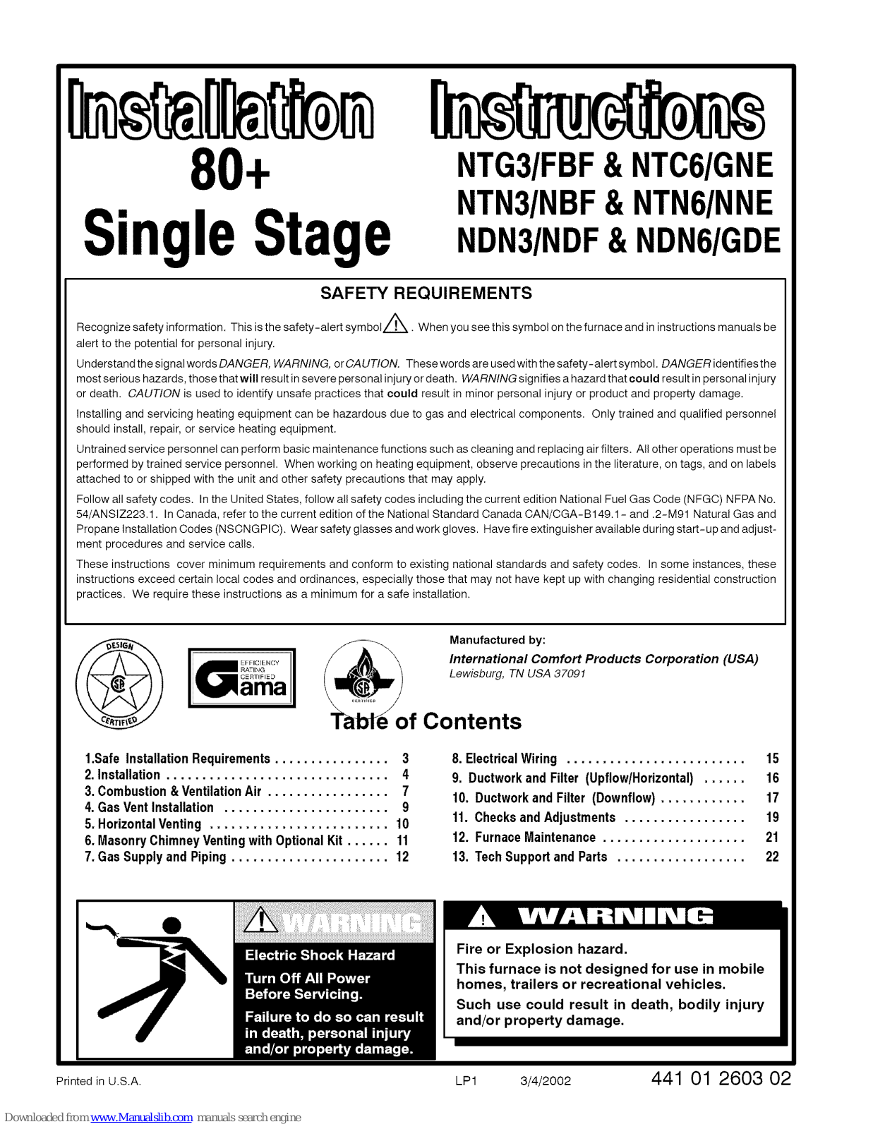 ICP NTG3/FBF, NTN3/NBF, NTN6/NNE, NTC6/GNE, NDN3/NDF Installation Manual - ManualMachine.com