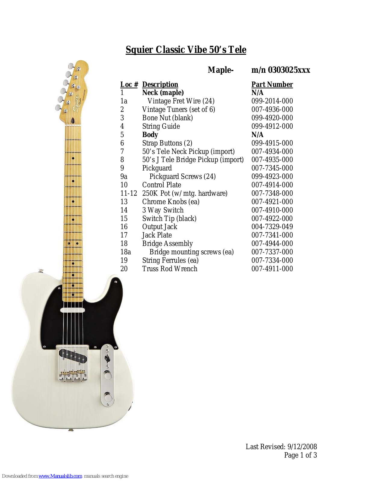 Squier Classic Vibe 50s Tele, Classic Vibe Telecaster Thinline Specifications - ManualMachine.com