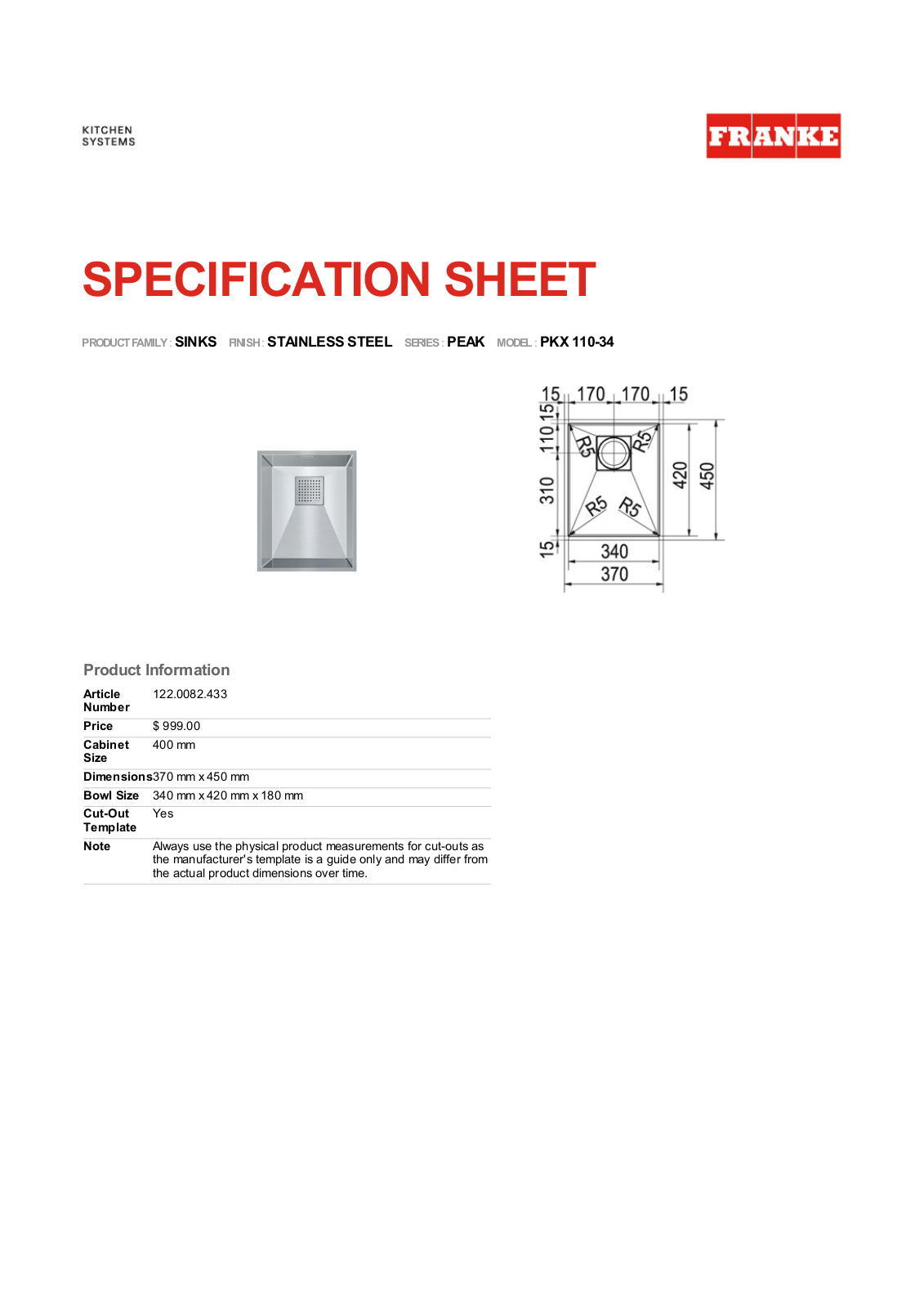 Franke Foodservice PKX 110-34 User Manual