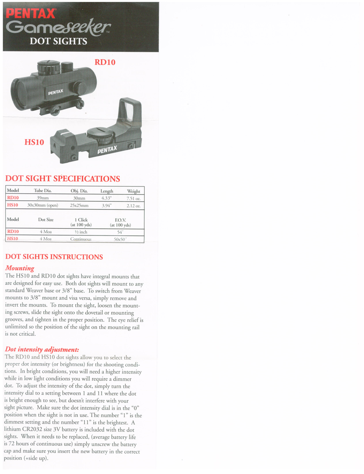 Pentax DOT SIGHTS Specifications