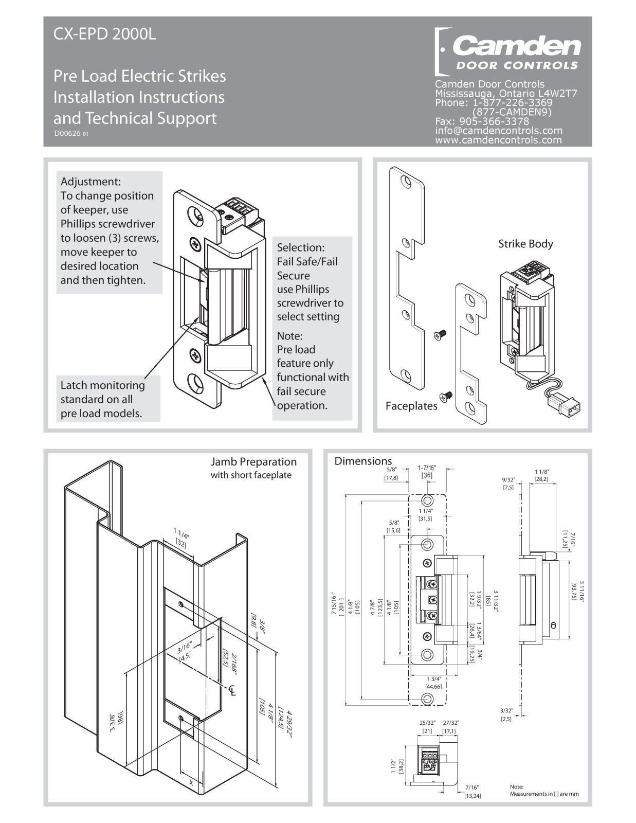 Camden Door Controls CX-EPD-2000L Installation Instructions