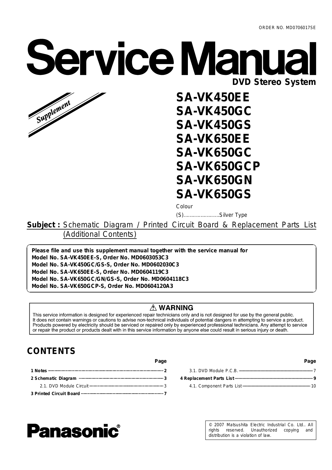 Panasonic SAVK-450-EE, SAVK-450-GC, SAVK-450-GS, SAVK-650-EE, SAVK-650-GCP Service manual