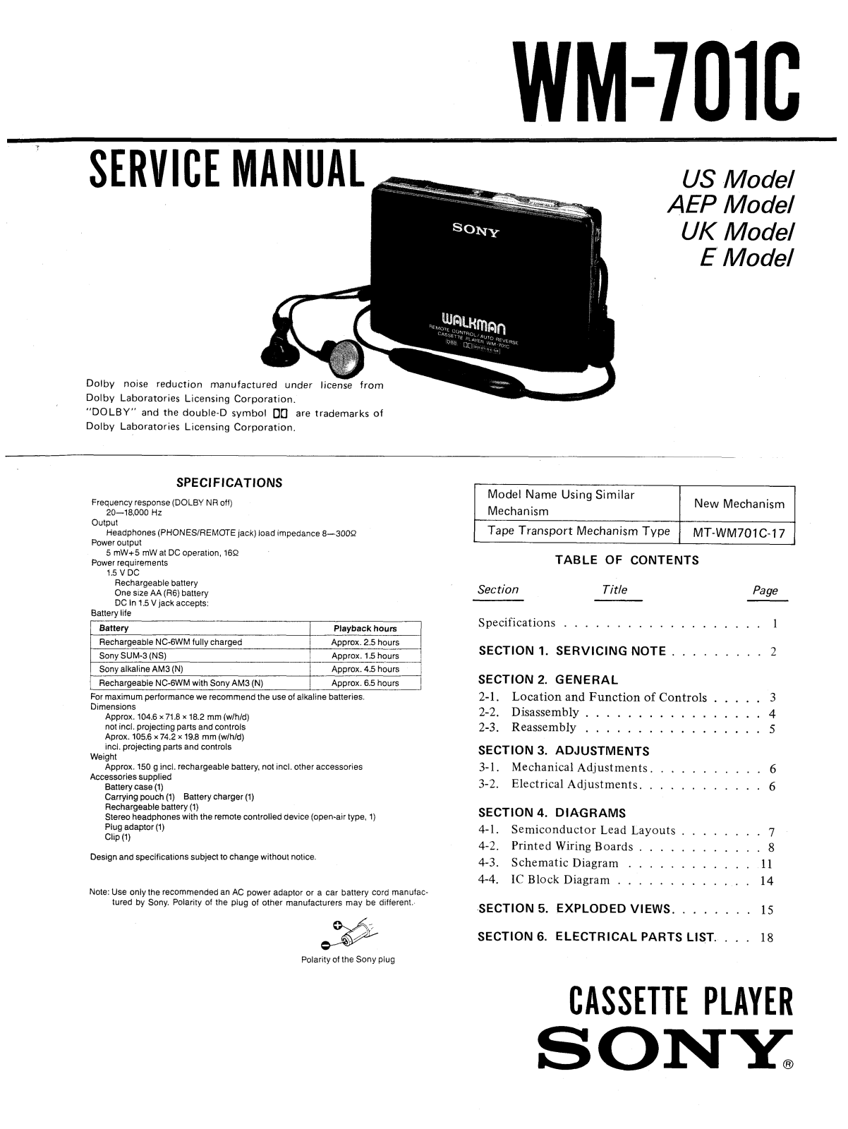 Sony WM-701-C Service manual