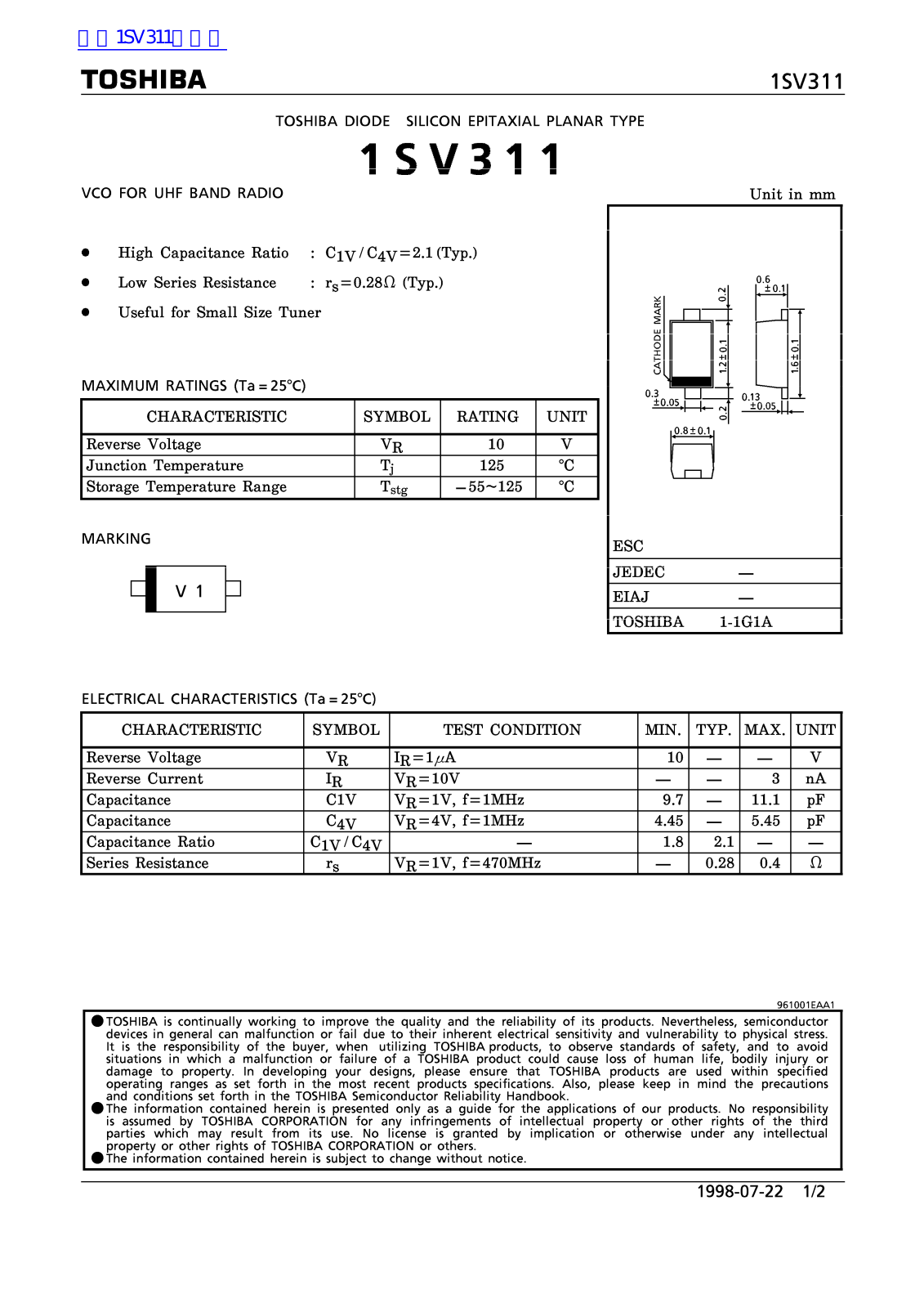 TOSHIBA 1SV311 Technical data