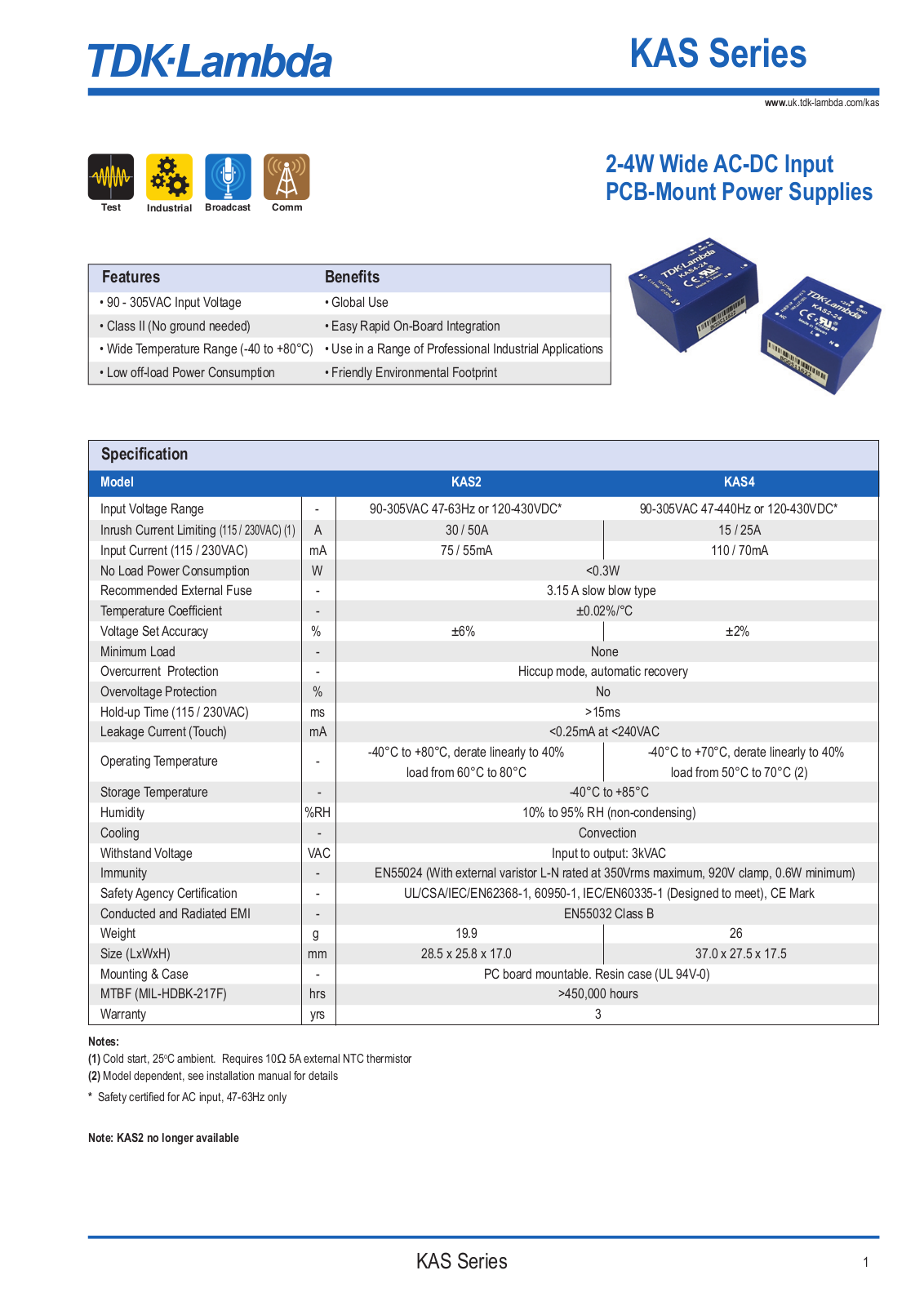 TDK Lambda KAS2, KAS4 Datasheet