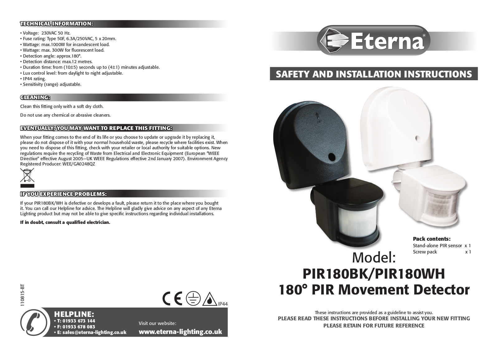 Eterna PIR180BK, PIR180WH Installation Instructions - ManualMachine.com