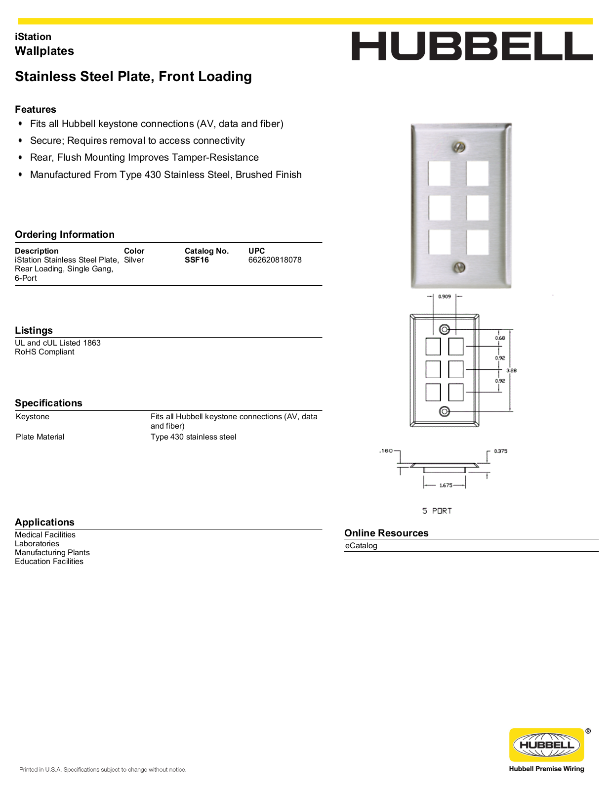 Hubbell SSF16 Specifications