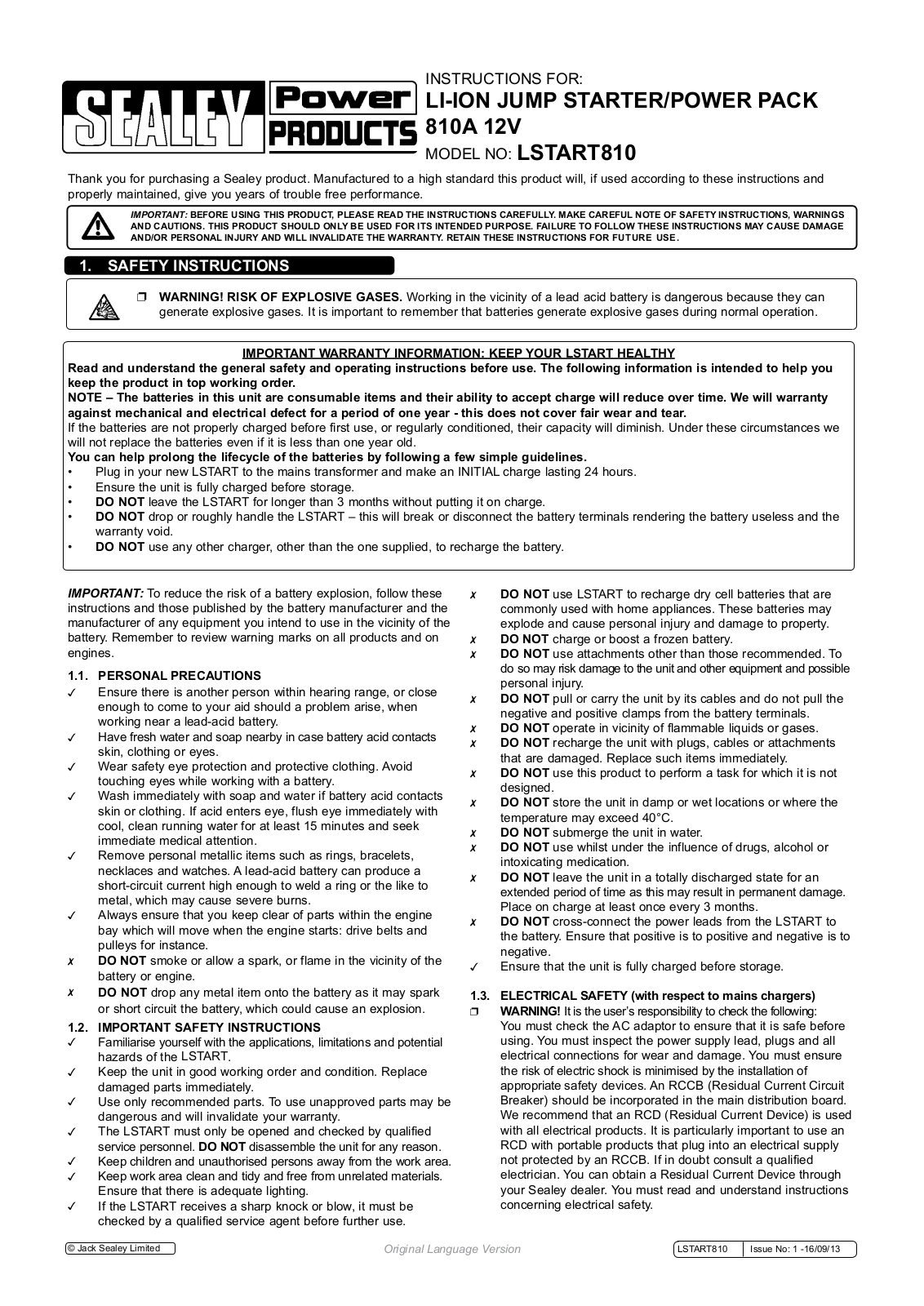 Sealey LSTART810 Instructions Manual