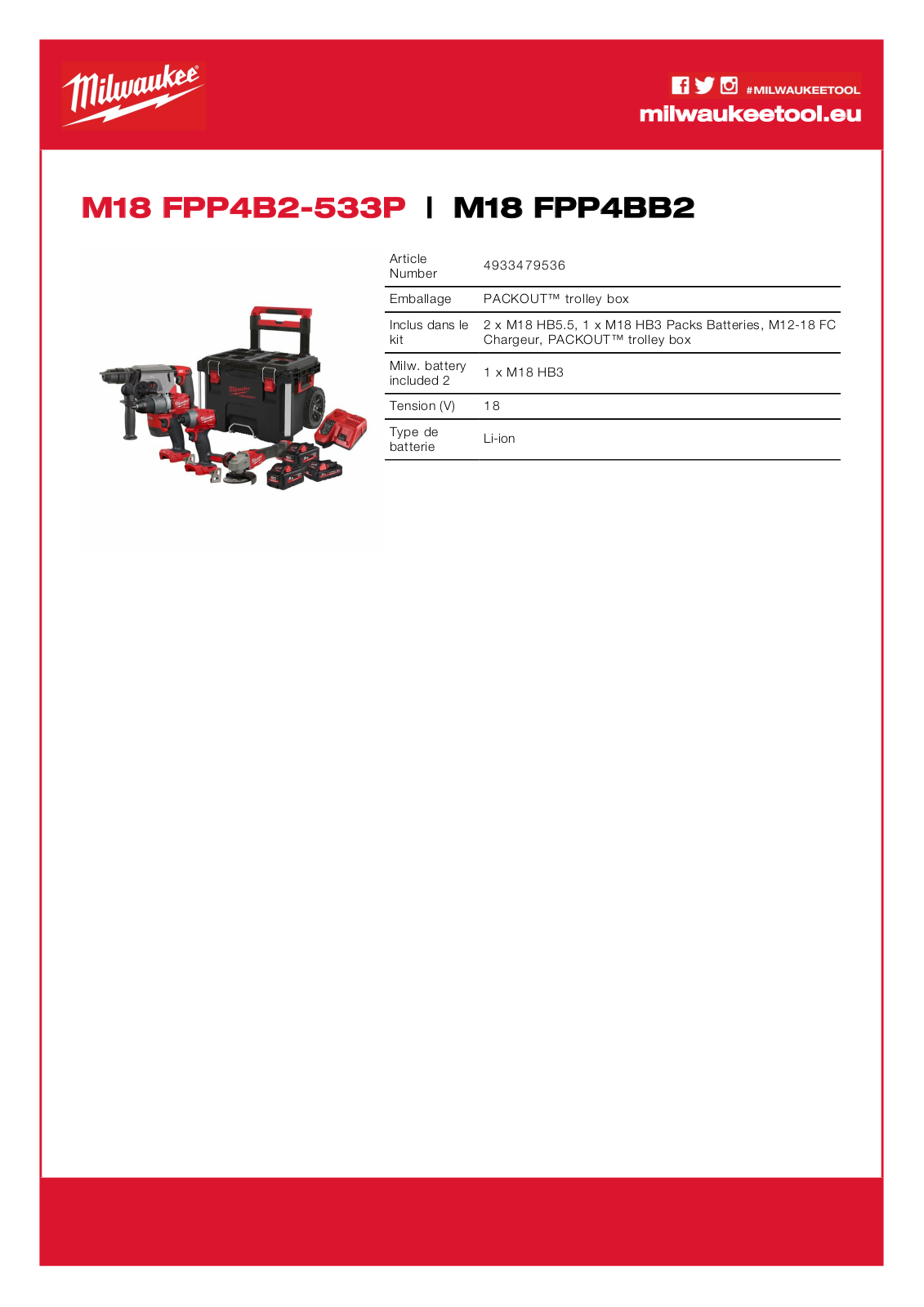 Milwaukee 4933479536, M18 FPP4B2-533P Specification - ManualMachine.com