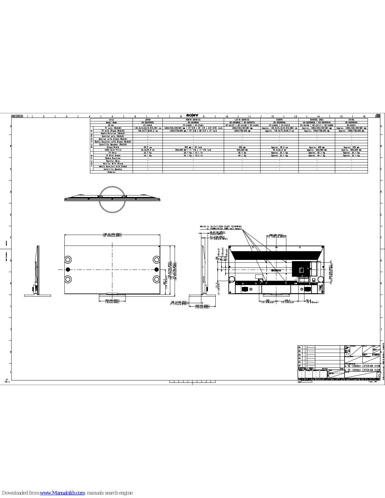 Sony XBR-55X900A, KD-55X905A, KD-55X907A Dimensions