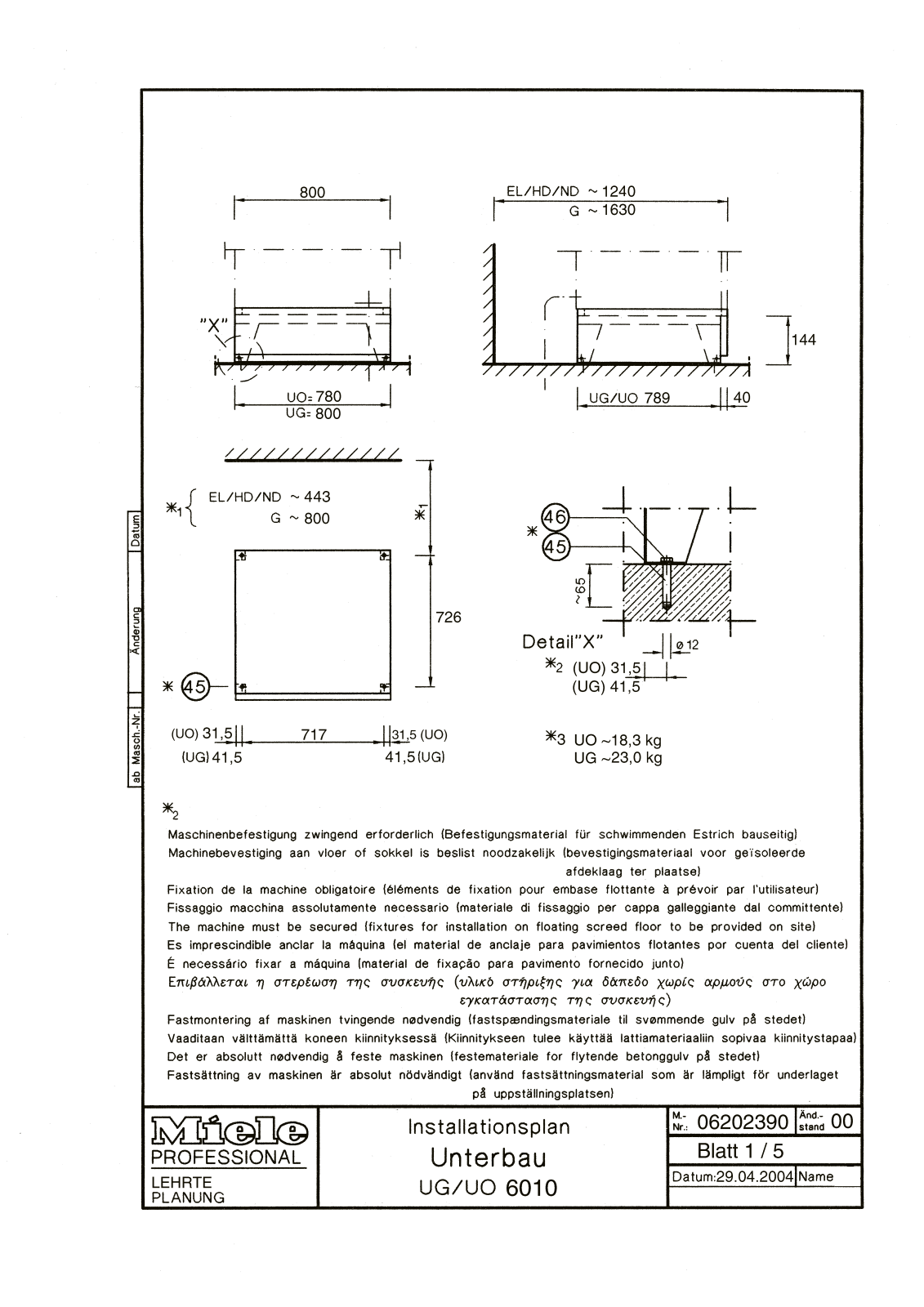 Miele UG 6010, UG 6013, UG 6020, UG 6016 Installation diagram