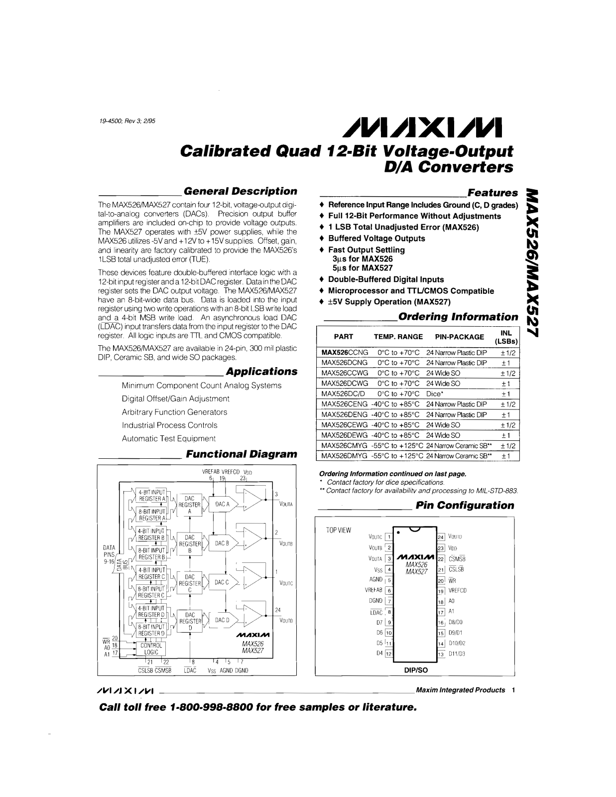 Maxim MAX526DC-D, MAX526CMYG, MAX526CEWG, MAX526CCWG, MAX526CCNG Datasheet