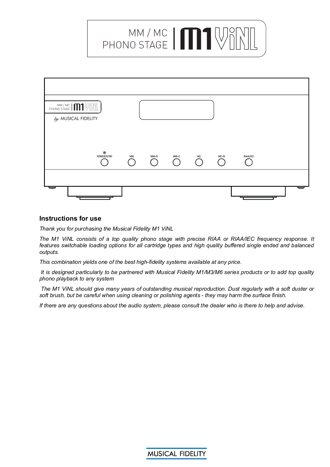 Musical Fidelity M1VINL Instruction Manual