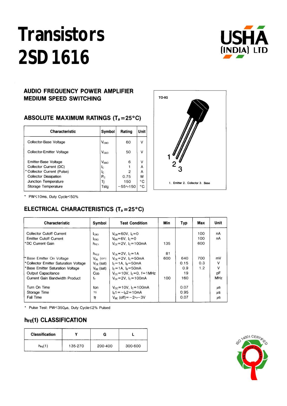 USHA 2SD1616 Datasheet