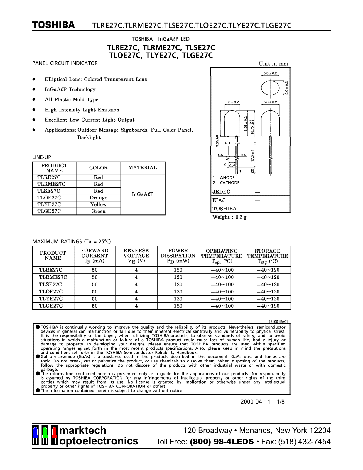 Marktech TLYE27C, TLRME27C, TLRE27C, TLSE27C, TLOE27C Datasheet