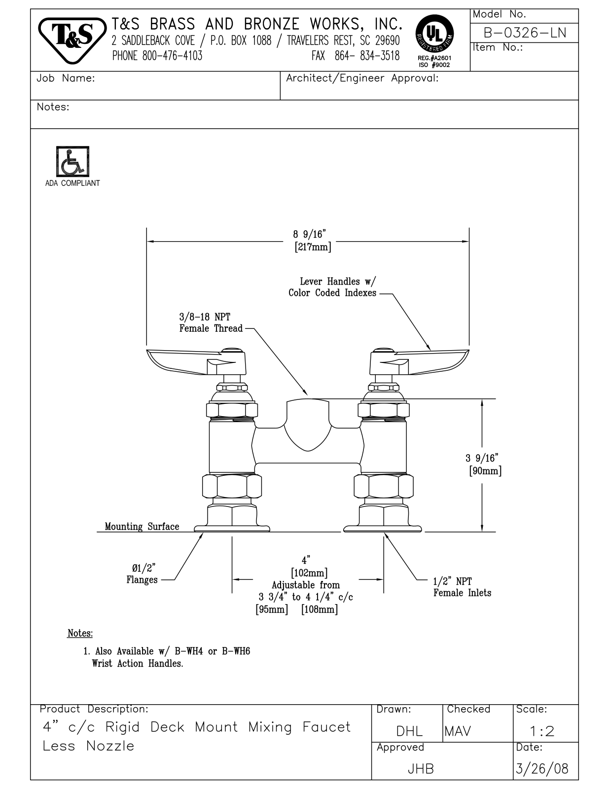 T&S Brass B-0326-LN User Manual