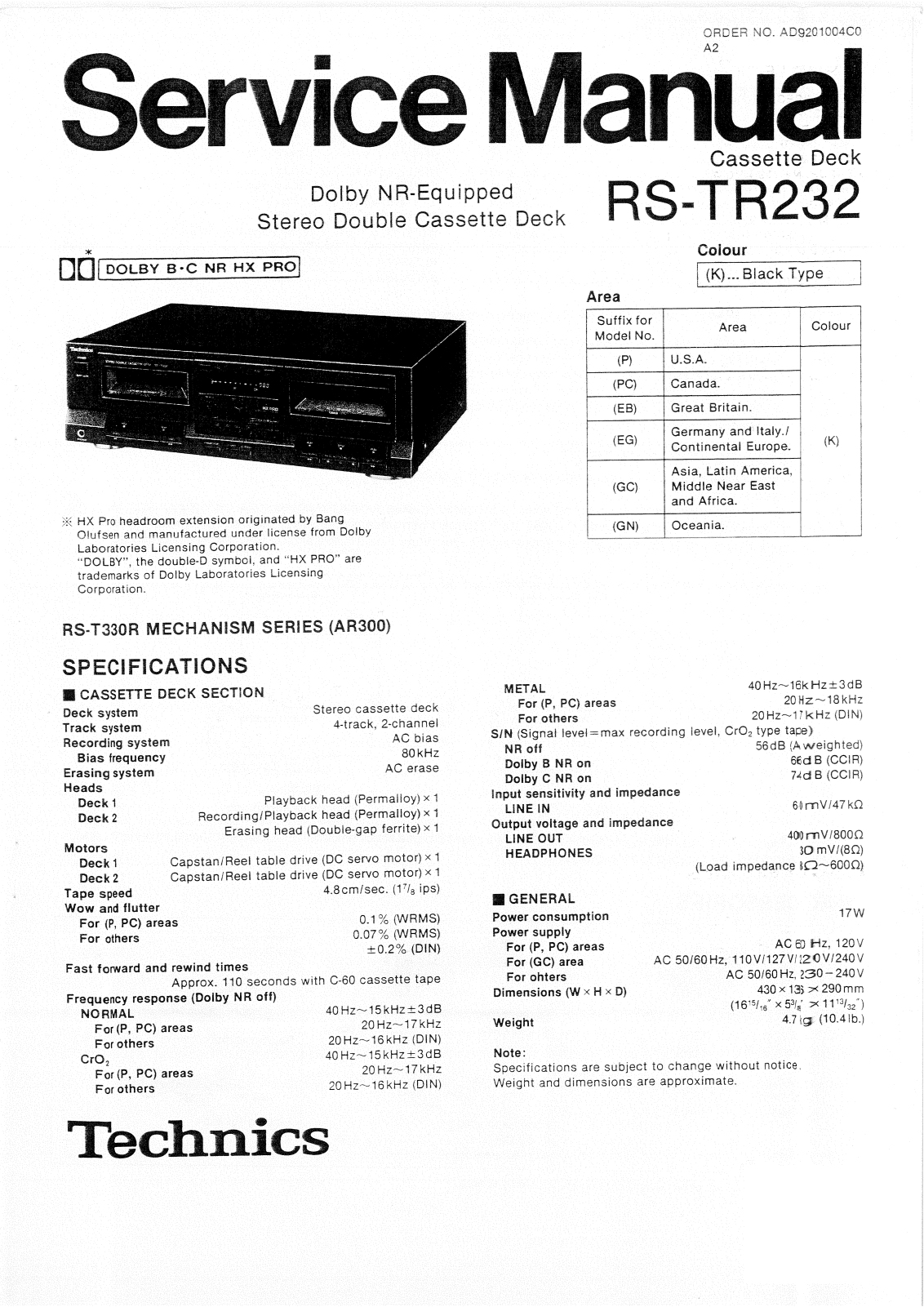 Technics RS-TR-232 Service Manual