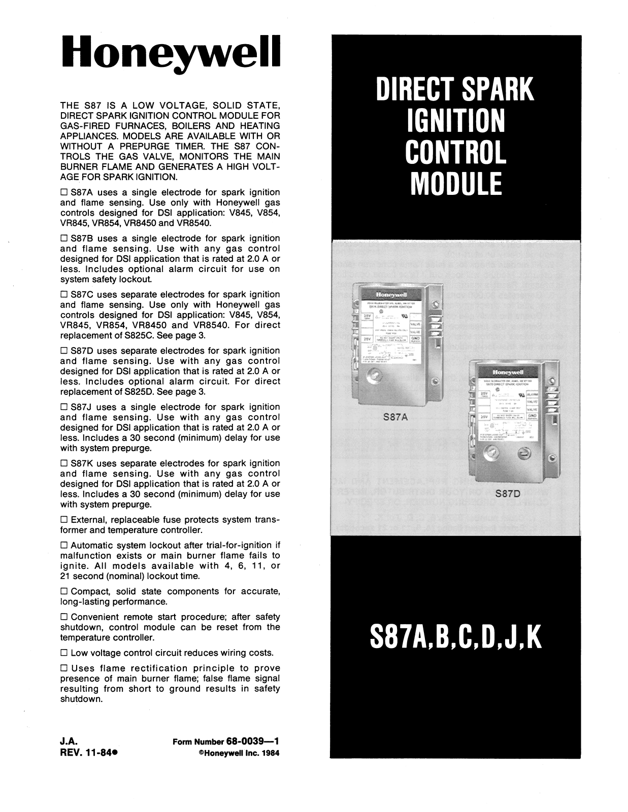 Honeywell S87A, S87B, S87C, S87D, S87J User Manual