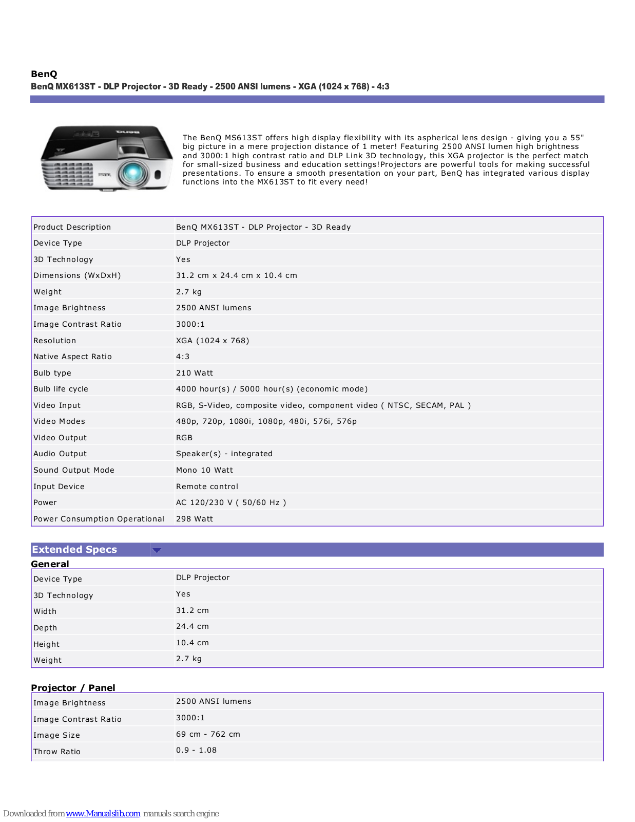 BenQ MS613ST, MX613ST Specifications