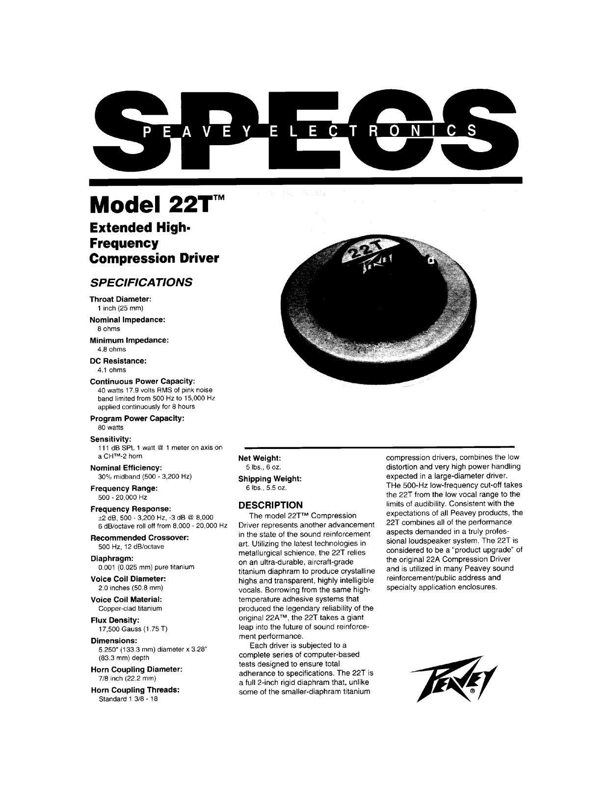 Peavey 22T DATASHEET