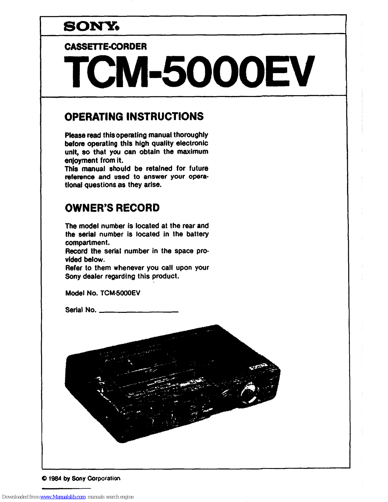 Sony TCM-5000EV Operating Instructions (primary manual), TCM-5000 - Cassette-corder Operating Instructions Manual